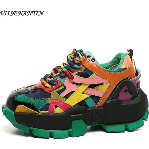 Color-blocking Leather Thick-soled Lace-up Platform Daddy Shoes Autumn New Fashion All-match Color Increased Casual Shoes