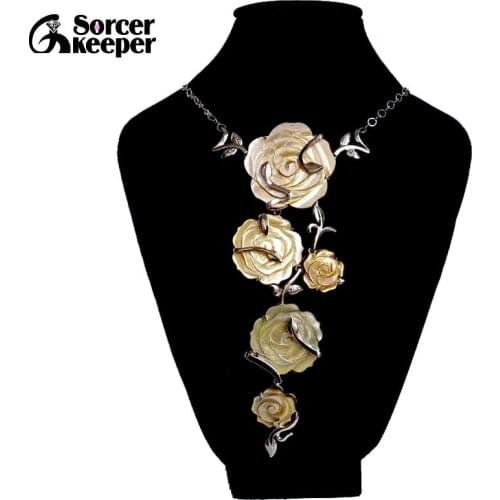 Fashion Natural Sea Shell Flower Statement Necklace Antique Jewelry Bohemian Vintage SilverColor Jewelry For Women XL001