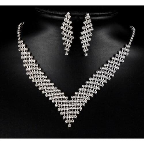 Fashion Crystal Rhinestone Necklace Earrings Set Wedding Bridal Jewelry Set