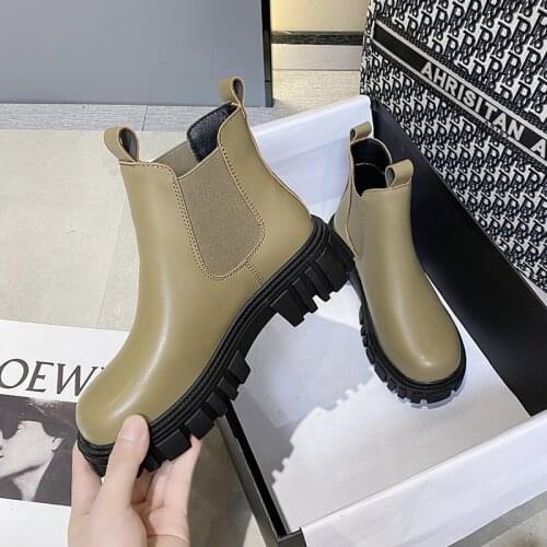 2021 New Chelsea Boots Women Pu Leather Slip on Ankle Boot Woman Shoes Fashion Brand Platform Boots Chunky Heel Shoes for Women