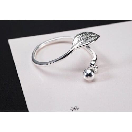 2021 new simple and fashionable willow leaf ring round bead ring female opening adjustable 925 Sterling silver jewelry