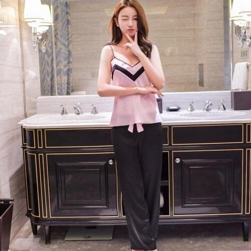 New Fashion Women Pajama Sets Sexy Top Camisole Slips with Full-length Pajama Pants Pyjamas Femme Sleepwear sp0085