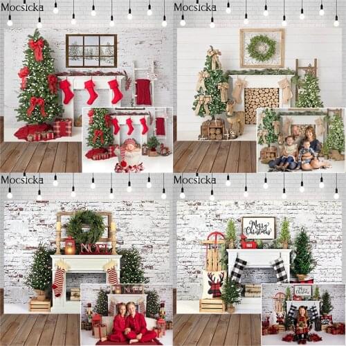 Christmas Backdrop Decorative Tree Fireplace Socks Gift Window White Vintage Wall Photography Background For Photo Studio