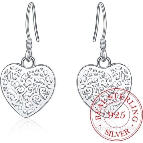 925 Sterling Silver Earring Korean Vintage Hollow Pattern Heart Long Dangle Earrings For Women 2020 Engagement Wedding Jewelry