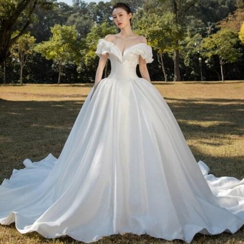 Wedding Dresses Illusion V-Neck Short Jersey Pleat Backless Off The Shoulder Train Luxury White Elegant Women Bridal Gown G354