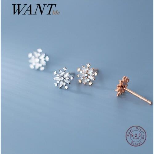 WANTME Real 925 Sterling Silver Romantic White Zircon Halloween Snowflake Stud Earrings for Women Christmas Party Jewelry Gift