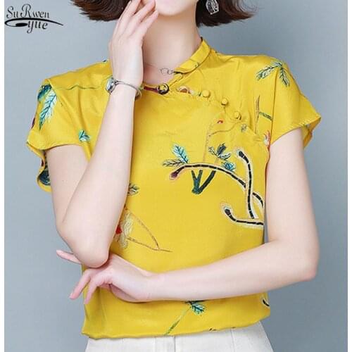 Plus Size Women Blouse Silk Short Sleeve Women Shirts Summer Button Improved Vintage Cheongsam Printed Ladies Clothing 9927