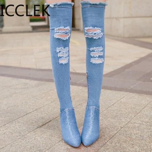2020 Women Denim Over The Knee Boots 10cm High Heels Ripped Jeans Fetish Long High Thigh Boots Stiletto Stripper Cowboy Shoes