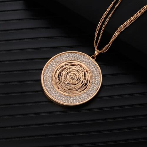 Full Clear Crystal Round Necklaces & Pendants Gold Hollow Long Chains Sweater Necklace Women Statement Jewelry Dropshipping 2019