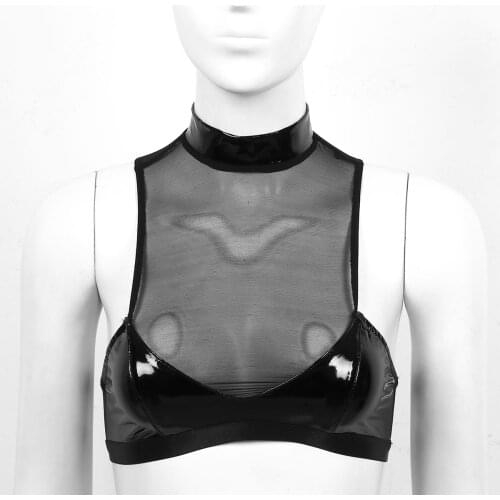 Womens Ladies Latex Evening Parties Sexy Pole Dance Club Vest Tops Sheer Mesh Patent Leather Splice Back Zip Up Unlined Bra Tops