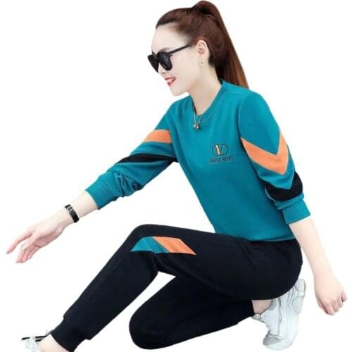 Womens sports suit spring and autumn 2021 new fashion loose sweater casual slim two-piece fashion