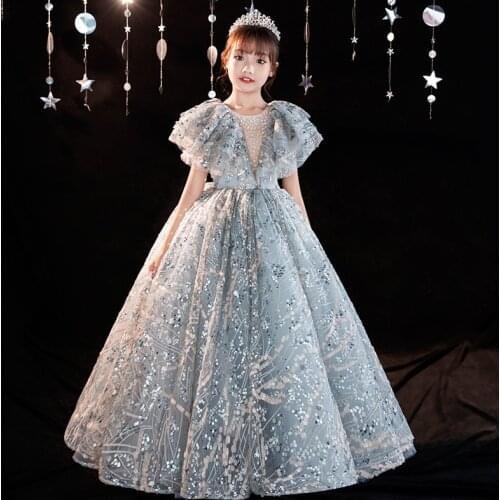 3~12 Years Old Children Girls Elegant Sequined Birthday Evening Party Princess Mesh Dress Kids Teens Piano Costumes Host Dress