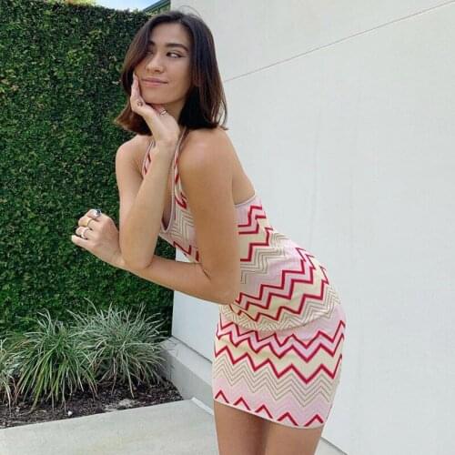 Summer wave pattern halterneck bag hip dress women