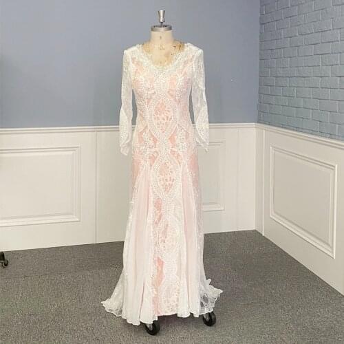In Stock Blush Pink Lace Boho Wedding Dress Long Sleeve V Neck Backless Bohemian Bridal Gown Free Shipping