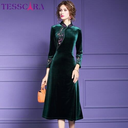 TESSCARA Women Winter Elegant Embroidery Velvet Dress Female Designer Long Cocktail Party Robe Vintage Chinese Style Vestidos