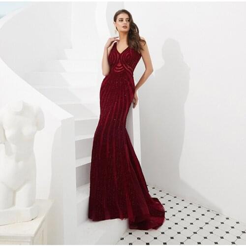 2019 Sexy Mermaid Prom Dresses V Neckline Backless Sequins Beaded Women Party Dresses