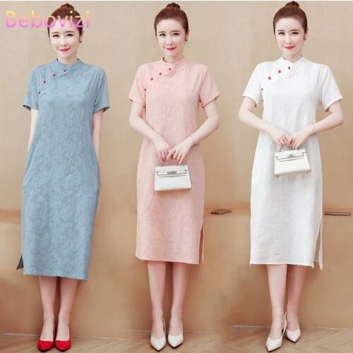 2021 M-XXL White Pink Green Cotton Fashion Modern Trend Cheongsam Dress for Women Short Sleeve Qipao Traditional Chinese Clothes