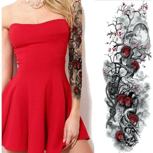 48*17cm Full arm Temporary Tattoo Sticker death skull roses pattern Full Flower Tattoo with Arm Body Art Big Large Fake Tattoo