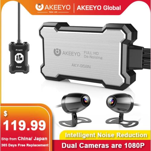 AKEEYO AKY-958N Dual 1080P Motorcycle Camera Full Body Waterproof WiFi Motobike Dash Cam Noise Reduction DVR Black Recorder Box