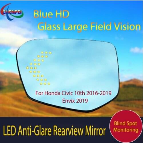Large View Blue Mirror Anti-Glare Electrically Heated Rearview Mirror With LED Turn Indicator For Honda Civic 10th Envix 16-19