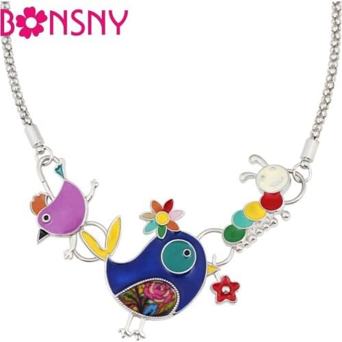 Bonsny Enamel Alloy Novelty Bird Flower Caterpillar Choker Necklace Pendant Cartoon Animal Jewelry For Women Girls Teens Gift