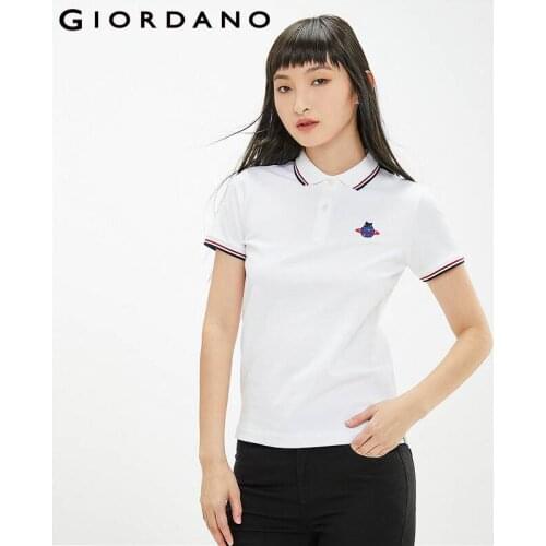 Giordano Women Polos Embroidery Cat Pique Polo Shirt Short Sleeves Soild Lycra Cotton Casual Lady Tops 13311003