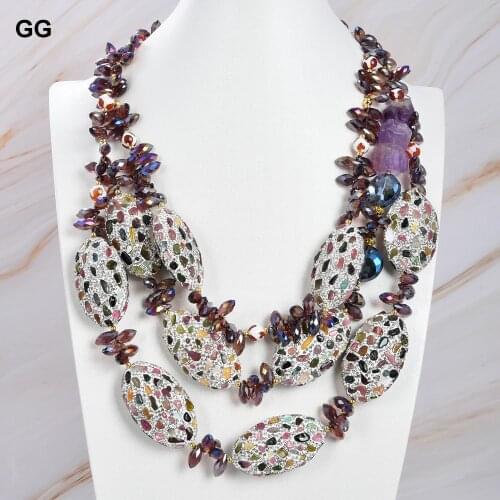 GuaiGuai Jewelry 21'' 3 Strands Amethyst Agate Crystal Necklace Pave Tourmaline Beads Necklace