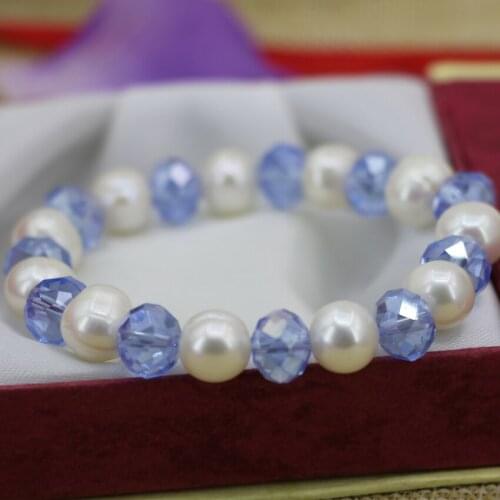 Hot sale white 10-11mm natural thread pearl beads strand elastic bracelet women blue crystal unique diy jewelry 7.5inch B3130