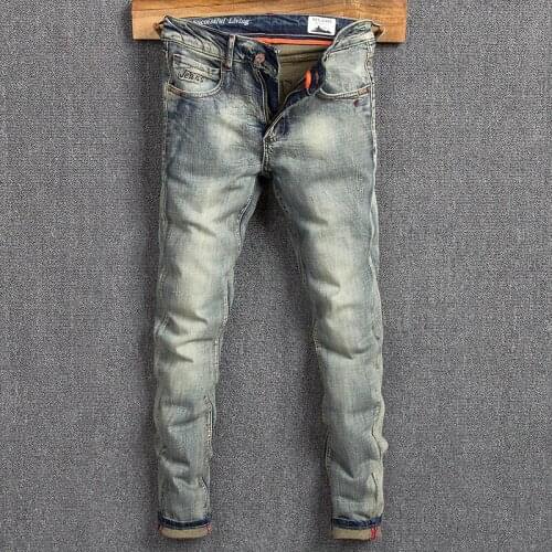 Italian Style Fashion Men Jeans Retro Wash Elastic Cotton Slim Fit Ripped Jeans Men Elastic Cotton Vintage Designer Denim Pants