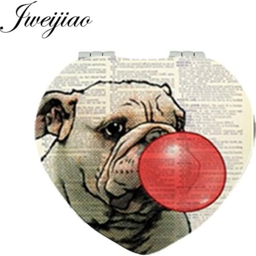 JWEIJIAO Ballooning Pug Dog Makeup Mirrors Heart Shaped Folding Mini Pocket Hand Compact Mirror 1X/2X Magnifying