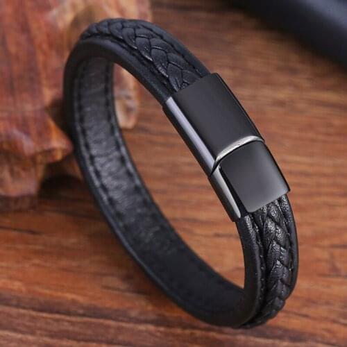 LAMEMDEE Classic Stainless Steel Charm Magnetic Black Men Bracelet Leather Genuine Braided Punk Rock Bangles Jewelry Gift
