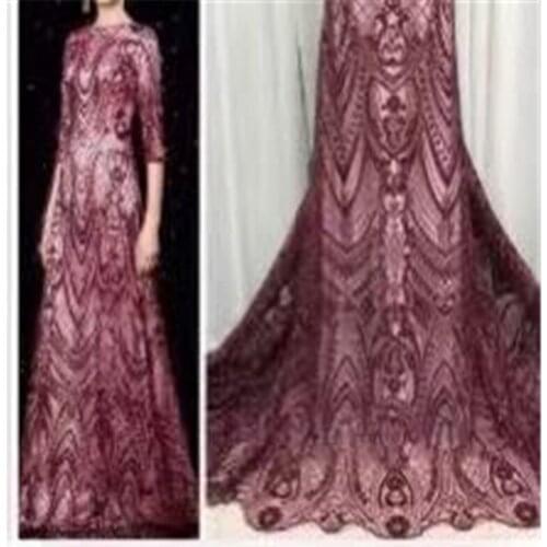 Red 5 Yards Holed Sequins Embroidery Double French Lace Unique African Tulle Lace Mesh Fabric Nigerian Sewing National Clothes