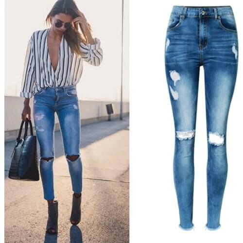 LOGAMI High Waist Ripped Jeans Woman Skinny Embroidery Jeans for Women Denim Pants