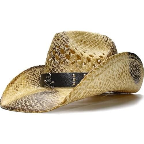 LUCKYLIANJI Summer Vintage Retro Women Mens Wide Brim Straw Beach Cowboy Cowgirl Western Hat Hollow Out Skull Leather Band 58cm