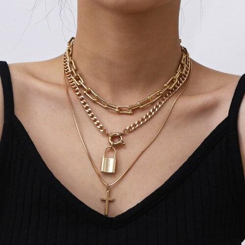 Multilayer Cross Pendant Necklace For Women Punk Choker Gold Silver Paper Clip Rectangle Link Lock Necklace Trendy Jewelry Gift