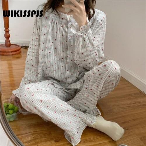 WIKISSPJS 2021 Autumn New Korean Version Small Fresh Lace Long Sleeve Home Clothes Pajama Suit for Women Sleepwear Lounge Wear