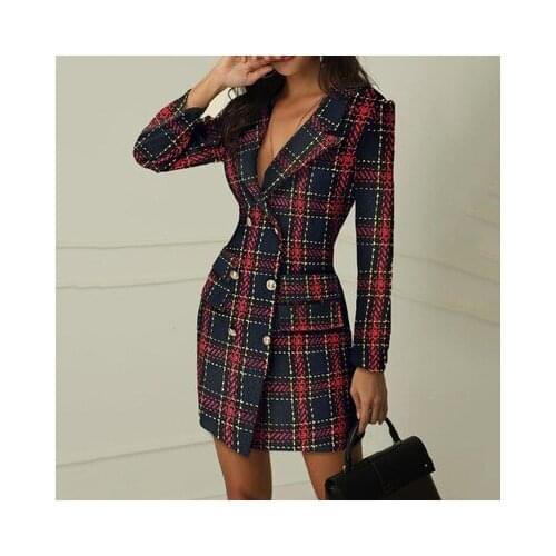 2020 New Fashion Women Suit Dress Double Breasted Plaid Pattern Sexy Slim Cozy Color Block Spring Clothing Winter Ladies Dress