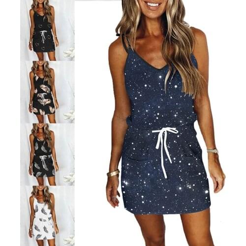 Sexy Printed loose Spaghetti Color Sleeveless V-neck Drawcord Pocket Dresses Straps Open Back Sexy Floral Print Loose Dress