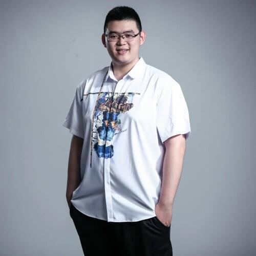 Free Shipping New fashion casual mens male Big plus size Korean short sleeved loose fat fatty printed shirt 6120431 Fanzhuan