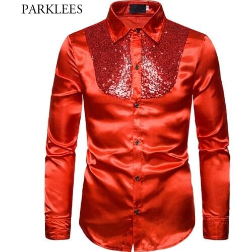 Fashion Red Silk Satin Shirt Men 2019 Brand New Shiny Sequin Chemise Homme Night Club Stage Disco Party Shirts Camisas Masculina