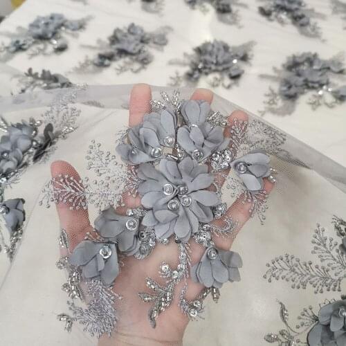 Grey Silver Handmade Beaded Lace Fabric Embroidery with Sequins 3D Flowers Applique High Quality French Wedding Dress Net Tulle