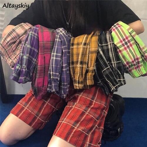 Shorts Women Harajuku Varies Colors Plaid Casual Pantalones Cortos De Mujer Elastic Waist Loose High Waist Summer Fashion New