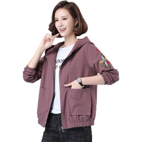 Women trench coat Middle-aged mother Autumn winter new casual Pure cotton Hooded embroidery Loose Windbreaker Female R430