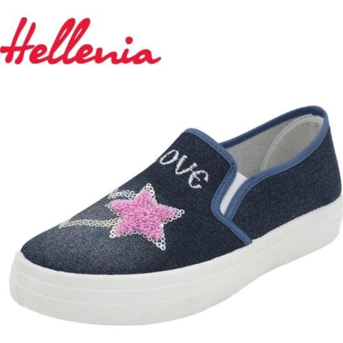 Hellenia Women Casual Shoes spring summer Canvas Denim Blue Fashion Flats loafers Size Run 36-40 women sneaker shoe lady slip on