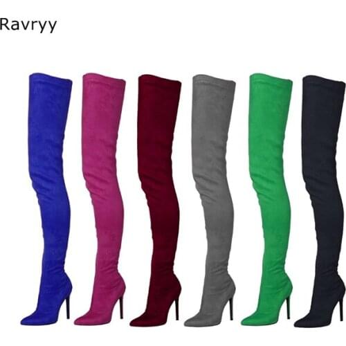 Multi-color Elastic womans long boots pointed toe thin heel over-the-knee boot party club show female shoe Plus Size 42 43 44