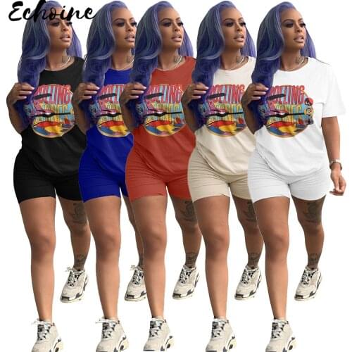 Summer Casual Pattern Print Two Piece Sets Solid O Neck Short Sleeve T Shirt Slim Shorts Fashion Sporty Tracksuits Daily Outfits