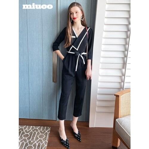 One side Lapel cross Lapel high waist lace contrast rimmed Jumpsuit womens wear 2021 Spring new High Quality Top Quality
