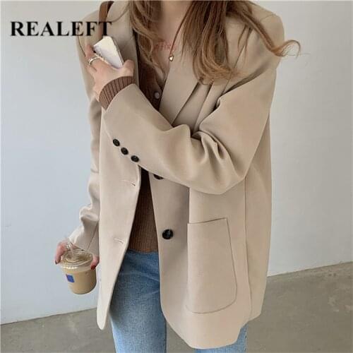 REALEFT Autumn Winter Single Breasted Loose Womens Blazer 2021 New Double Pockets Elegant Long Sleeve Office Casual Outwear