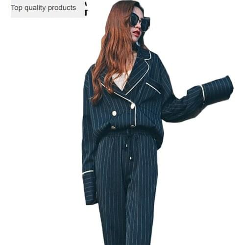 2020 New Women Sets 2 Pieces Blazer +Pants Ladies Office Work Wear Business Suits Female Set Striped Long Coats Outwear LX104