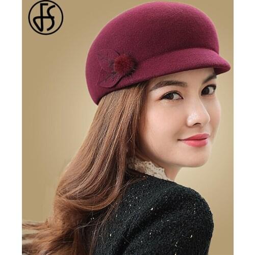 FS Fashion Wool Beret Hat For Women Warm Winter Black Felt Cap British Girls Berets Lady Solid Color Slouchy Autumn Hats Female